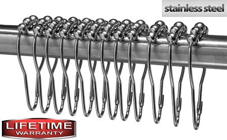 Polished Nickel Double Hook Shower Curtain Hooks / Shower Curtain Rings Set  (12 pack) - Stainless Steel